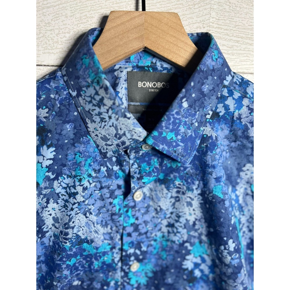 Bonobos Mens Shirt 16.5 Tailored Slim Fit Blue Floral Print Short Sleeve Stretch